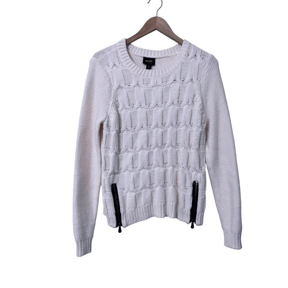 Nicole by Nicole Miller Sweater Medium White Cable Knit Side Zippers Preppy